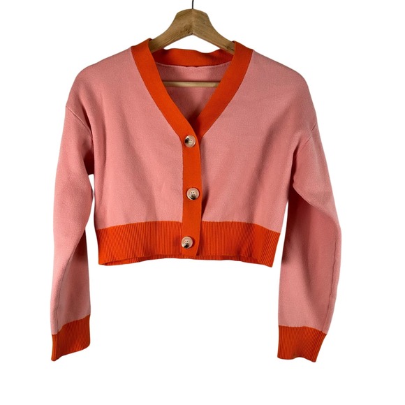 Sweaters - Womens Small Orange and Pink Crop Length Long Sleeve V-Neck Sweater